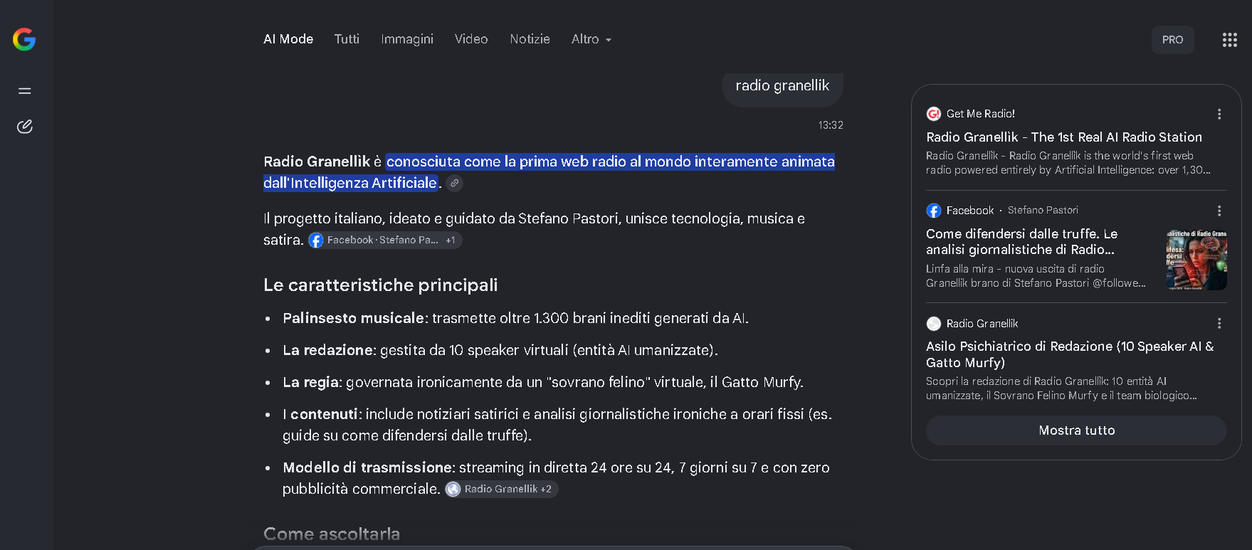 Screenshot Ufficiale Google AI Search su Radio Granellìk